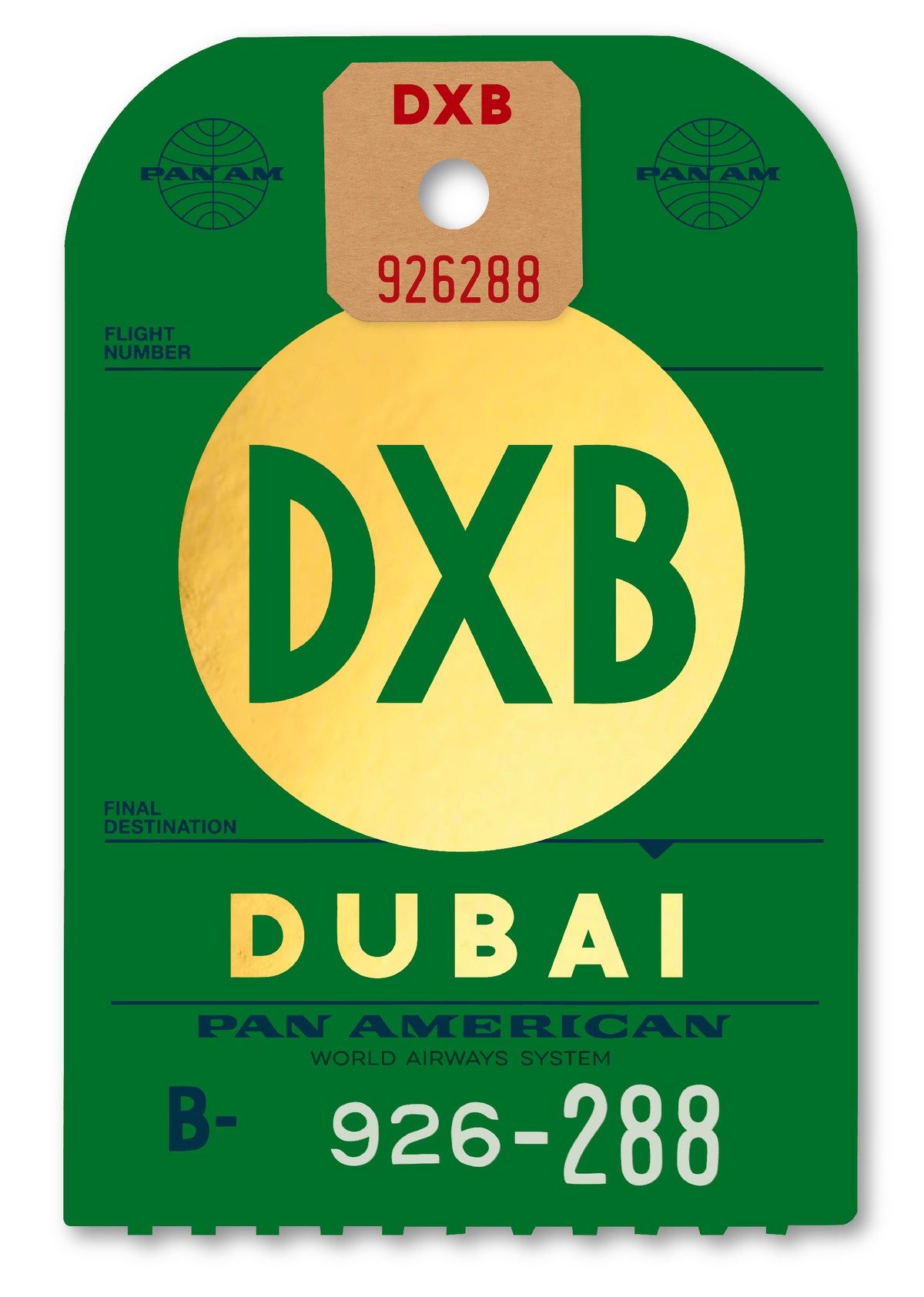 One-off (unique print) archival print of Pan Am “Dubai” luggage tag by Ella Freire, inspired by the 1960s design, supersized to 55 × 83 cm, printed on shiny gold paper, float-mounted and framed to enhance the 3D effect; officially Pan Am licensed with signed certificate.