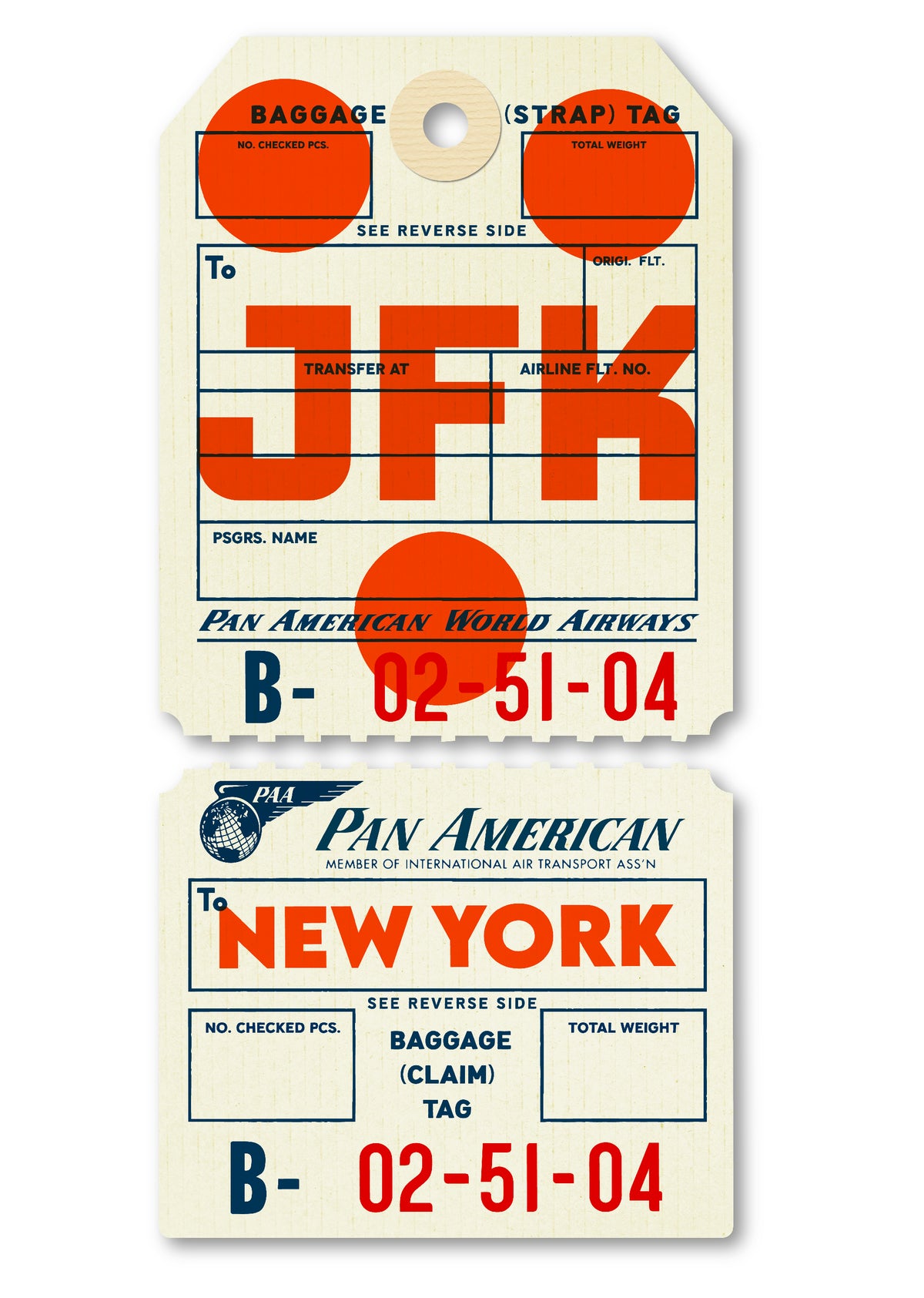 Limited-edition, 2-part, archival print of a Pan Am “JFK New York” luggage tag by Ella Freire, inspired by the original 1960s design, supersized in one framed size only, float-mounted to enhance its three-dimensional effect; officially licensed by Pan Am with signed certificate included.