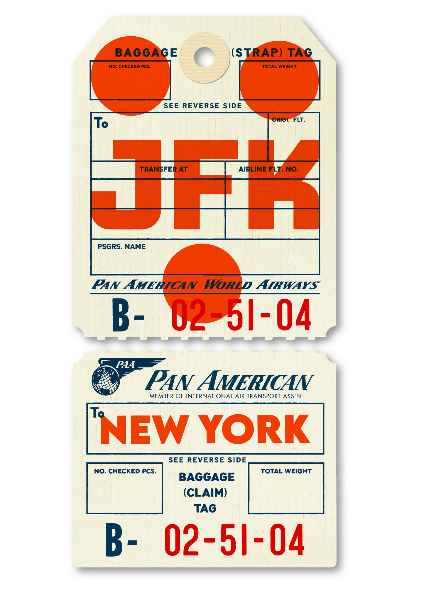Limited-edition, 2-part, archival print of a Pan Am “JFK New York” luggage tag by Ella Freire, inspired by the original 1960s design, supersized in one framed size only, float-mounted to enhance its three-dimensional effect; officially licensed by Pan Am with signed certificate included.
