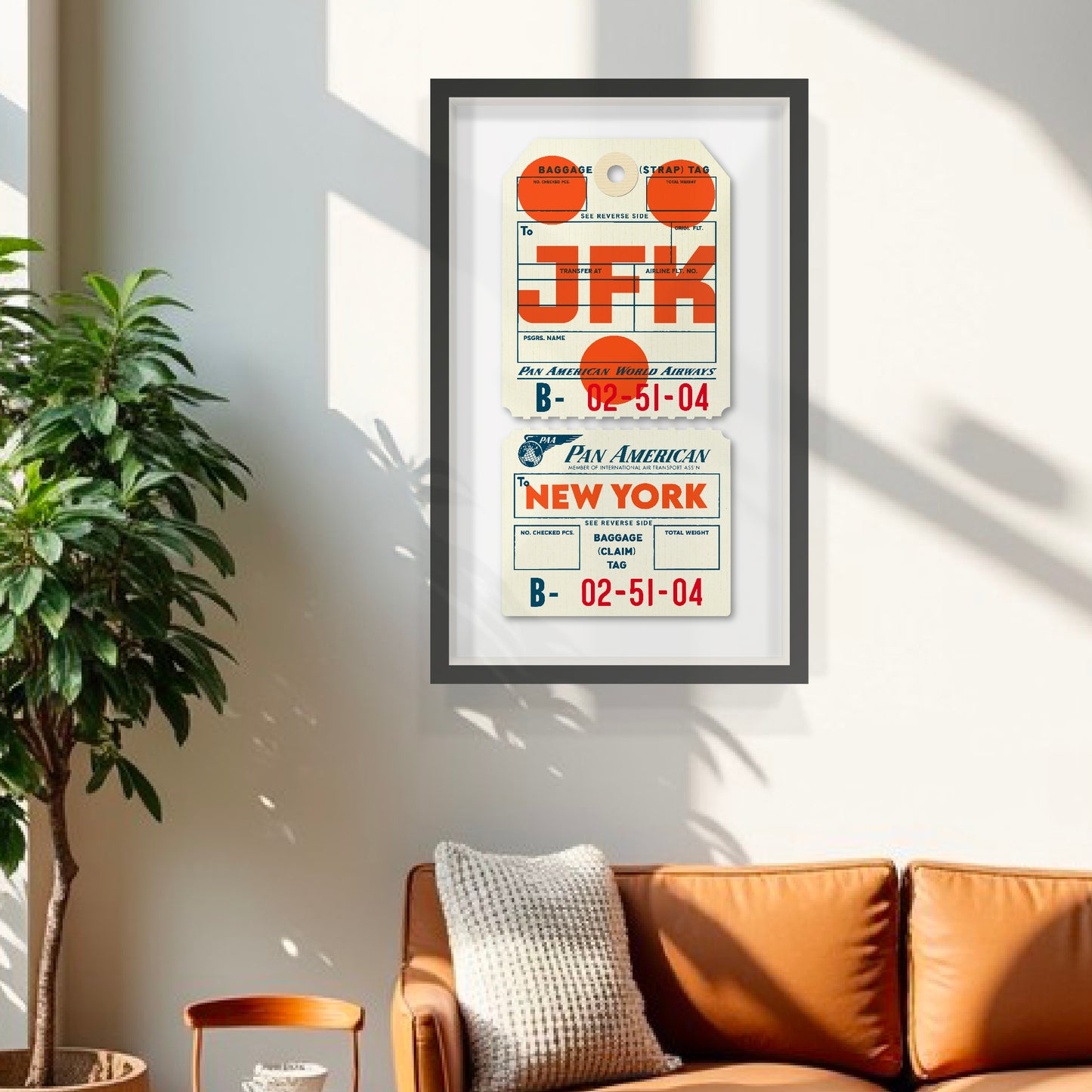 Limited-edition, 2-part, archival print of a Pan Am “JFK New York” luggage tag by Ella Freire, inspired by the original 1960s design, supersized in one framed size only, float-mounted to enhance its three-dimensional effect; officially licensed by Pan Am with signed certificate included.