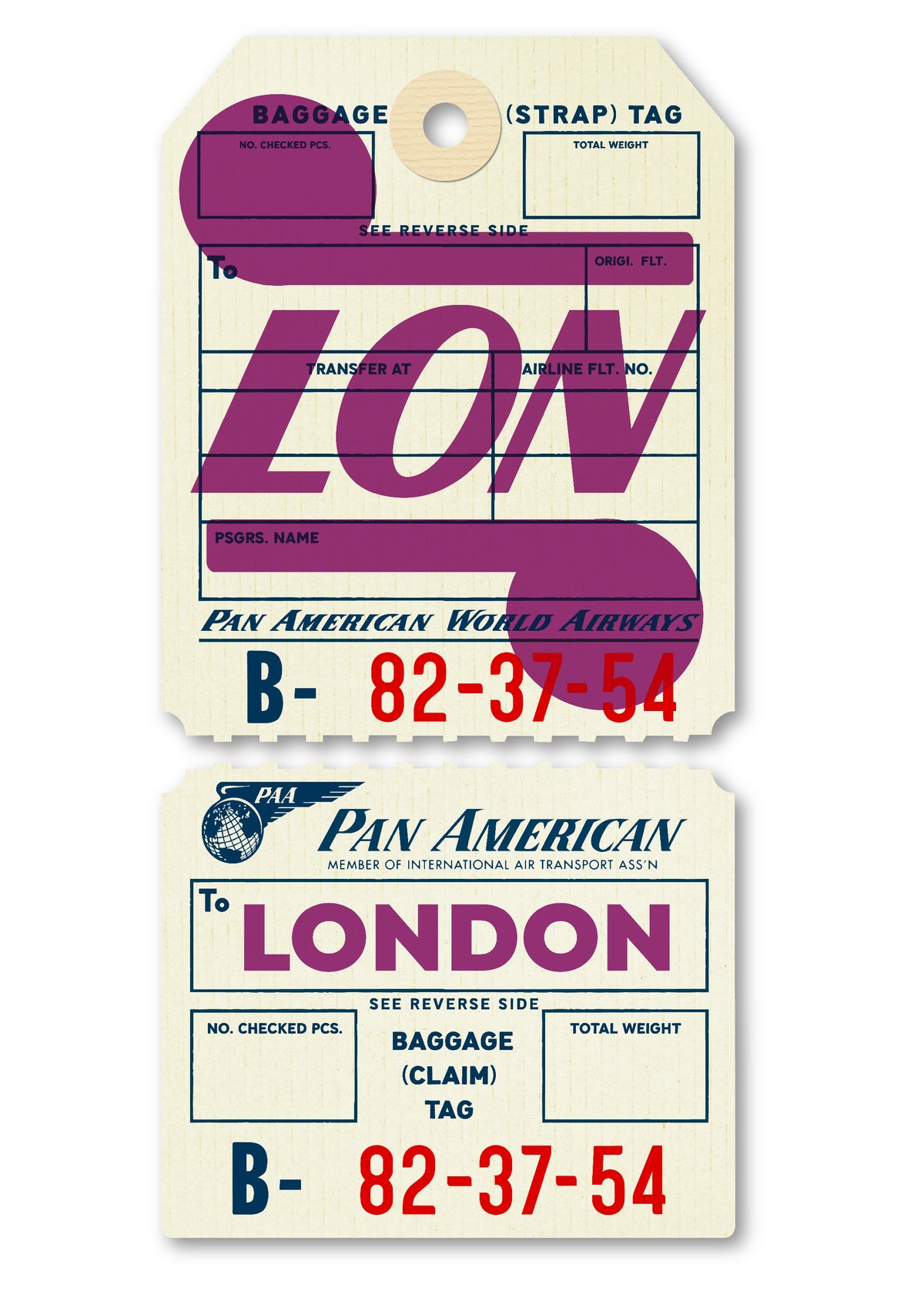 Limited-edition, 2-part, archival print of a Pan Am “London” luggage tag by Ella Freire, inspired by the original 1960s design, supersized in one framed size only, float-mounted to enhance its three-dimensional effect; officially licensed by Pan Am with signed certificate included.