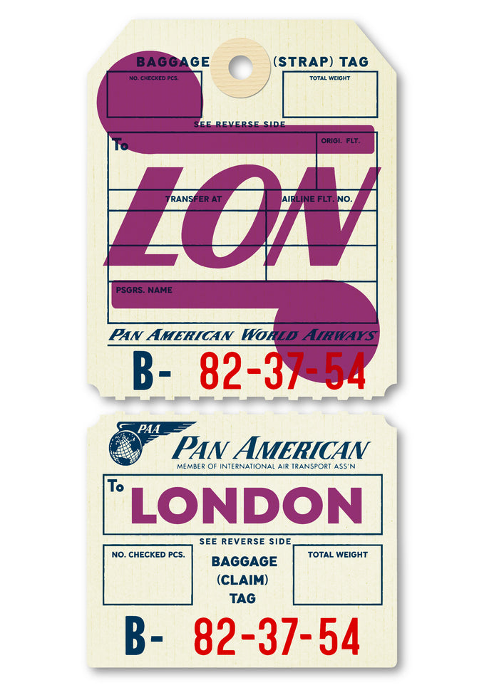 Limited-edition, 2-part, archival print of a Pan Am “London” luggage tag by Ella Freire, inspired by the original 1960s design, supersized in one framed size only, float-mounted to enhance its three-dimensional effect; officially licensed by Pan Am with signed certificate included.