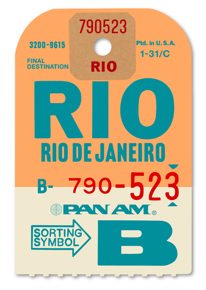 Limited-edition archival print of a Pan Am “RIO” luggage tag by Ella Freire, inspired by the original 1960s design, supersized in two framed sizes, float-mounted to enhance its three-dimensional effect; officially licensed by Pan Am with signed certificate included.