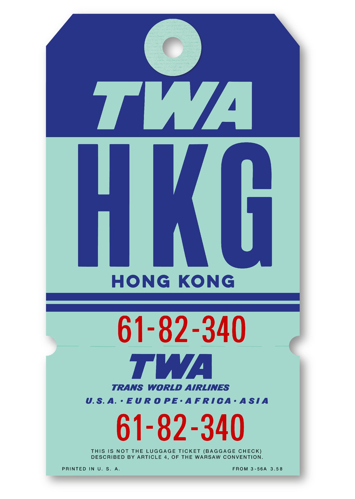 Limited-edition archival print of a TWA “Hong Kong” luggage tag by Ella Freire, inspired by the original 1960s design, supersized in one framed size only, float-mounted to enhance its three-dimensional effect; officially licensed by TWA (American Airlines) with signed certificate included.