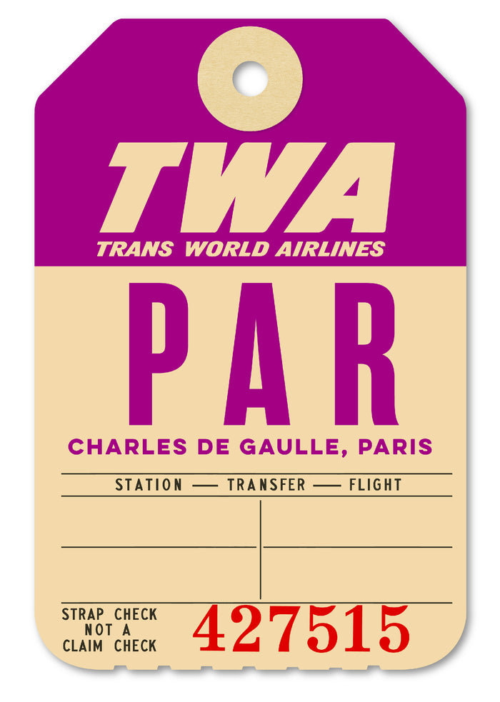 Limited-edition archival print of a TWA “Paris” luggage tag by Ella Freire, inspired by the original 1960s design, supersized in two framed sizes, float-mounted to enhance its three-dimensional effect; officially licensed by TWA (American Airlines) with signed certificate included.