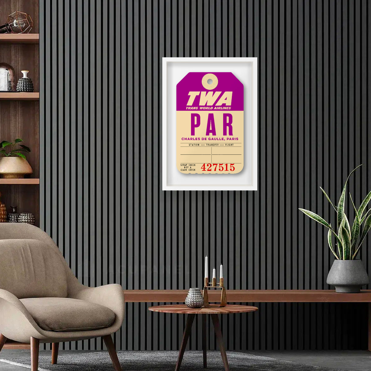 Limited-edition archival print of a TWA “Paris” luggage tag by Ella Freire, inspired by the original 1960s design, supersized in two framed sizes, float-mounted to enhance its three-dimensional effect; officially licensed by TWA (American Airlines) with signed certificate included.