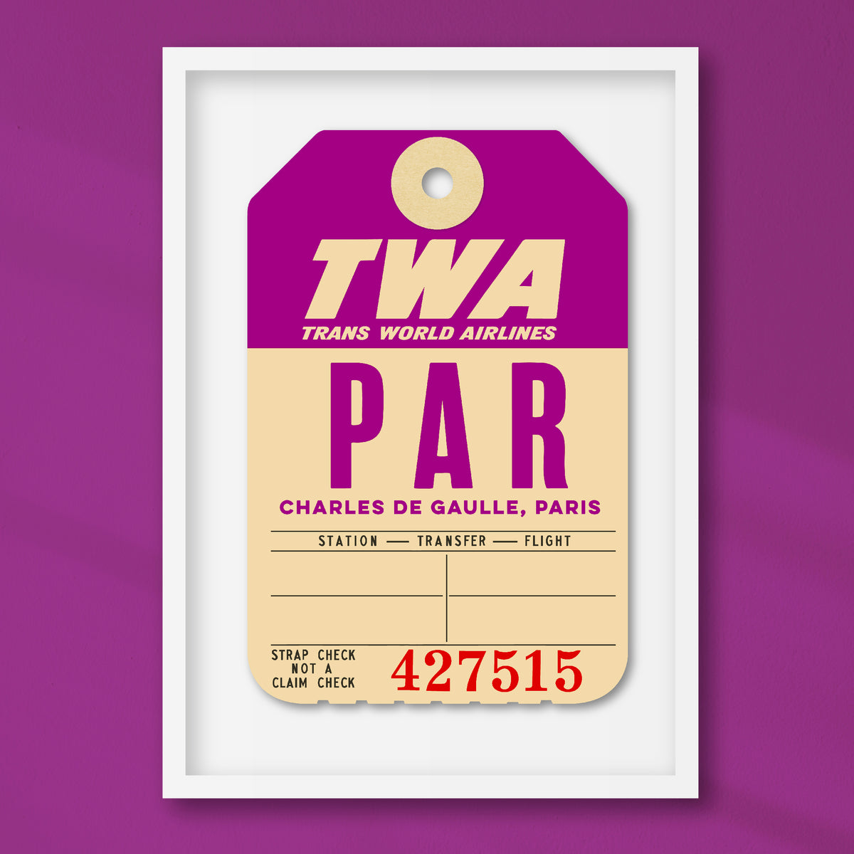 Limited-edition archival print of a TWA “Paris” luggage tag by Ella Freire, inspired by the original 1960s design, supersized in two framed sizes, float-mounted to enhance its three-dimensional effect; officially licensed by TWA (American Airlines) with signed certificate included.