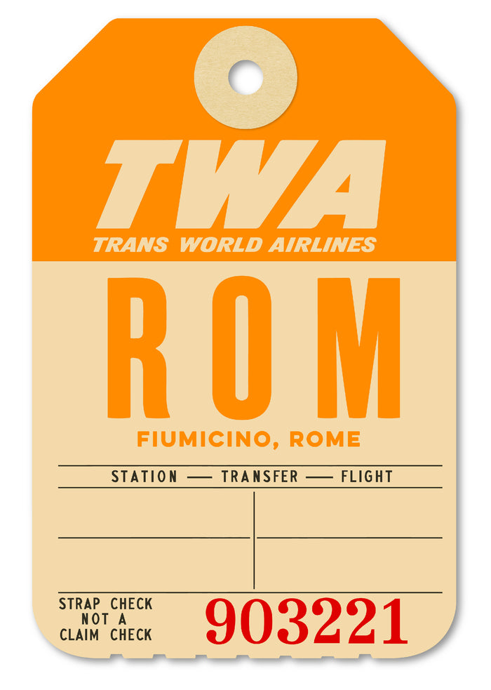 Limited-edition archival print of a TWA “Rome” luggage tag by Ella Freire, inspired by the original 1960s design, supersized in two framed sizes, float-mounted to enhance its three-dimensional effect; officially licensed by TWA (American Airlines) with signed certificate included.