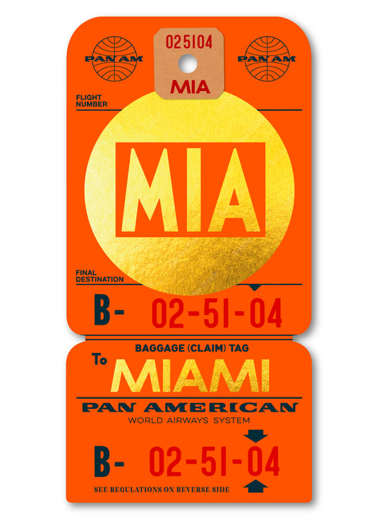 Limited Edition archival print of Pan Am “Miami” luggage tag by Ella Freire, inspired by the 1960s art deco design, printed on shiny gold paper, float-mounted and framed to enhance the 3D effect; officially Pan Am licensed with signed certificate.