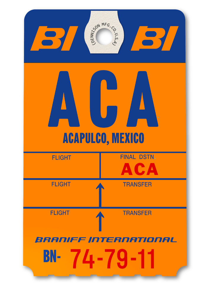 Limited-edition archival print of a Braniff International “Acapulco” luggage tag by Ella Freire, inspired by the original 1970s design, supersized in two framed sizes, float-mounted to enhance its three-dimensional effect; officially licensed by Braniff Airways with signed certificate included.