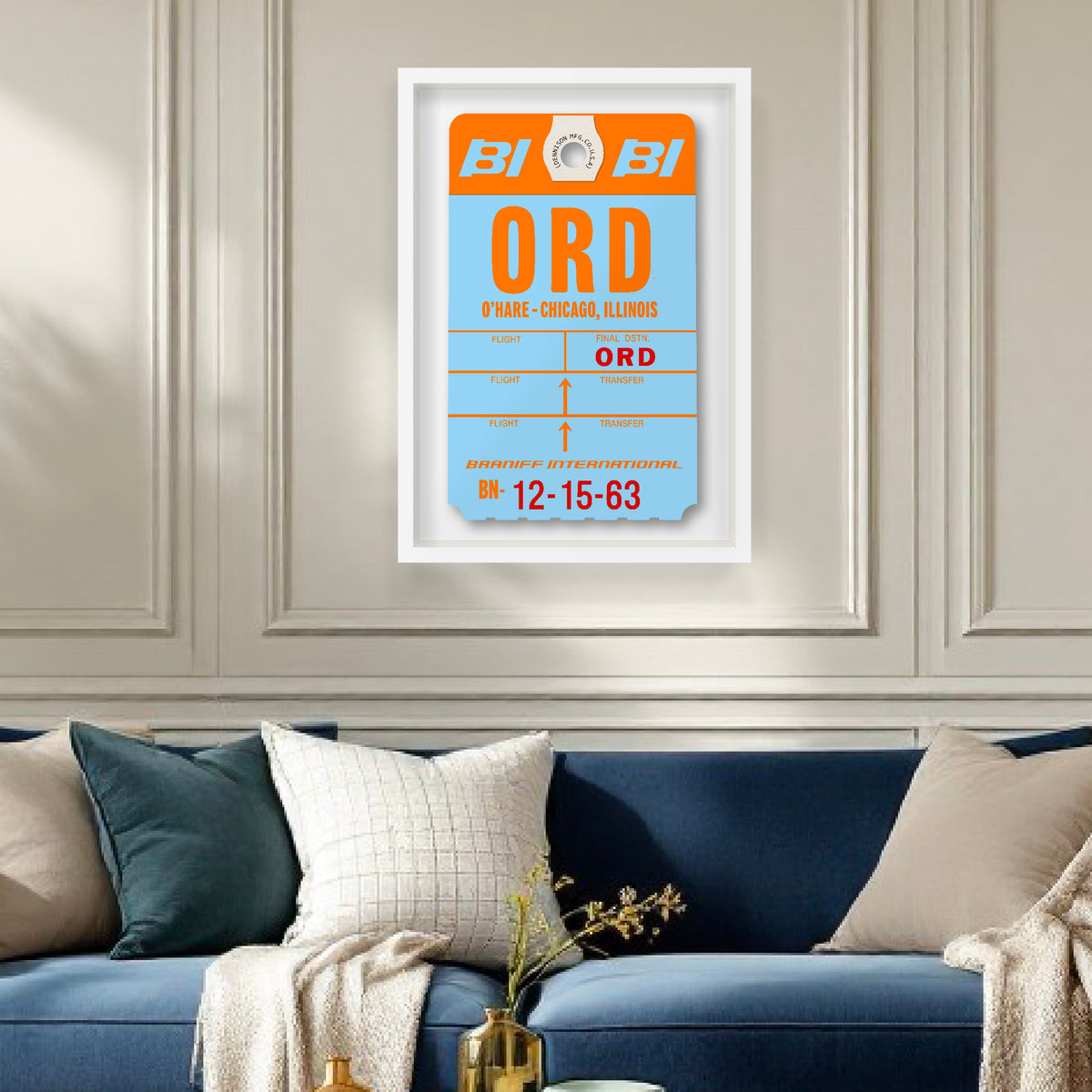 Limited-edition archival print of a Braniff International “O'Hare Chicago” luggage tag by Ella Freire, inspired by the original 1970s design, supersized in two framed sizes, float-mounted to enhance its three-dimensional effect; officially licensed by Braniff Airways with signed certificate included.