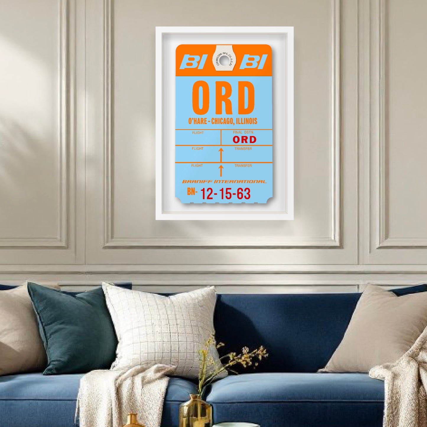 Limited-edition archival print of a Braniff International “O'Hare Chicago” luggage tag by Ella Freire, inspired by the original 1970s design, supersized in two framed sizes, float-mounted to enhance its three-dimensional effect; officially licensed by Braniff Airways with signed certificate included.