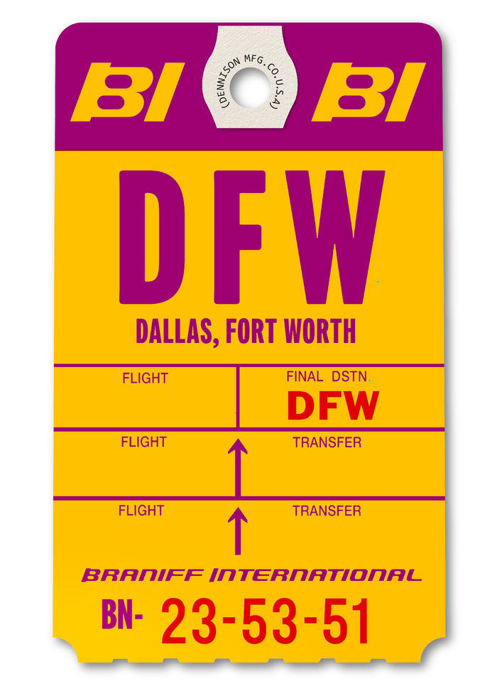 Limited-edition archival print of a Braniff International “Dallas” luggage tag by Ella Freire, inspired by the original 1970s design, supersized in two framed sizes, float-mounted to enhance its three-dimensional effect; officially licensed by Braniff Airways with signed certificate included.