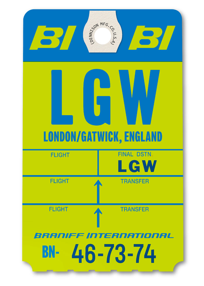 Limited-edition archival print of a Braniff International “London Gatwick” luggage tag by Ella Freire, inspired by the original 1970s design, supersized in two framed sizes, float-mounted to enhance its three-dimensional effect; officially licensed by Braniff Airways with signed certificate included.