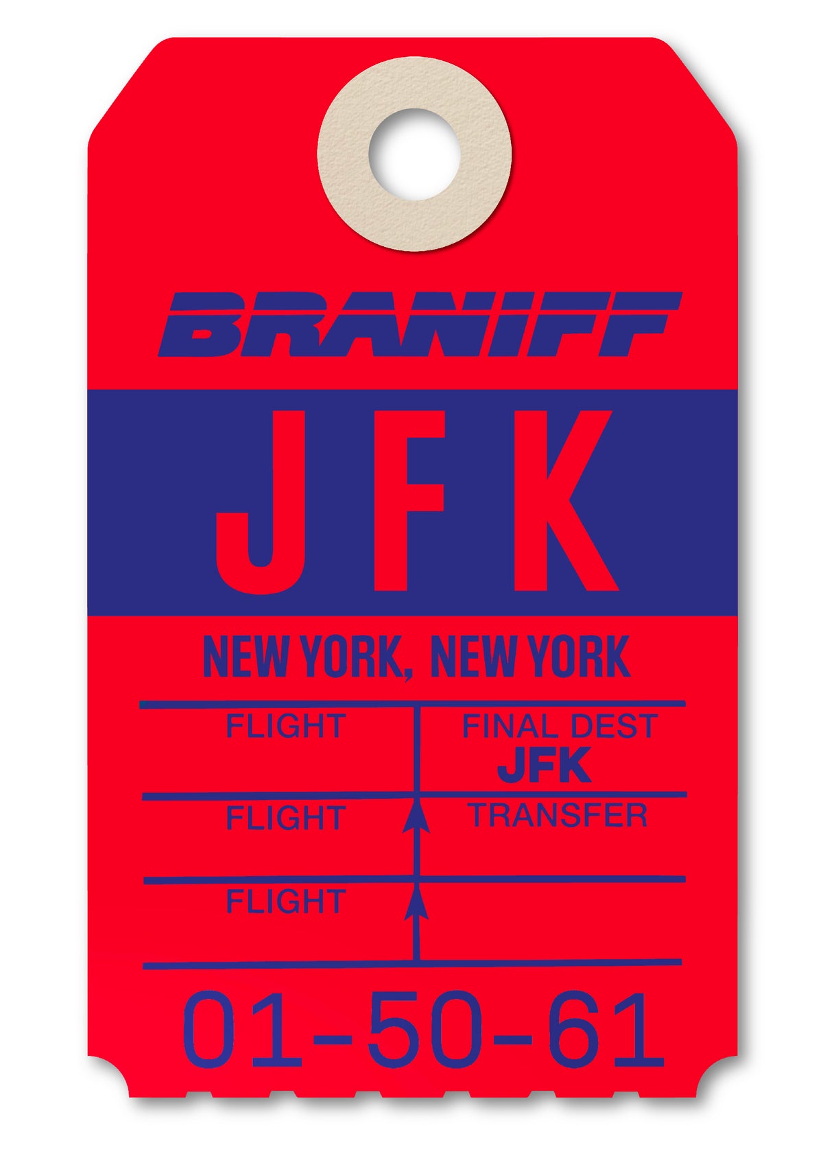 Limited-edition archival print of a Braniff International “JFK New York” luggage tag by Ella Freire, inspired by the original 1970s design, supersized in two framed sizes, float-mounted to enhance its three-dimensional effect; officially licensed by Braniff Airways with signed certificate included.