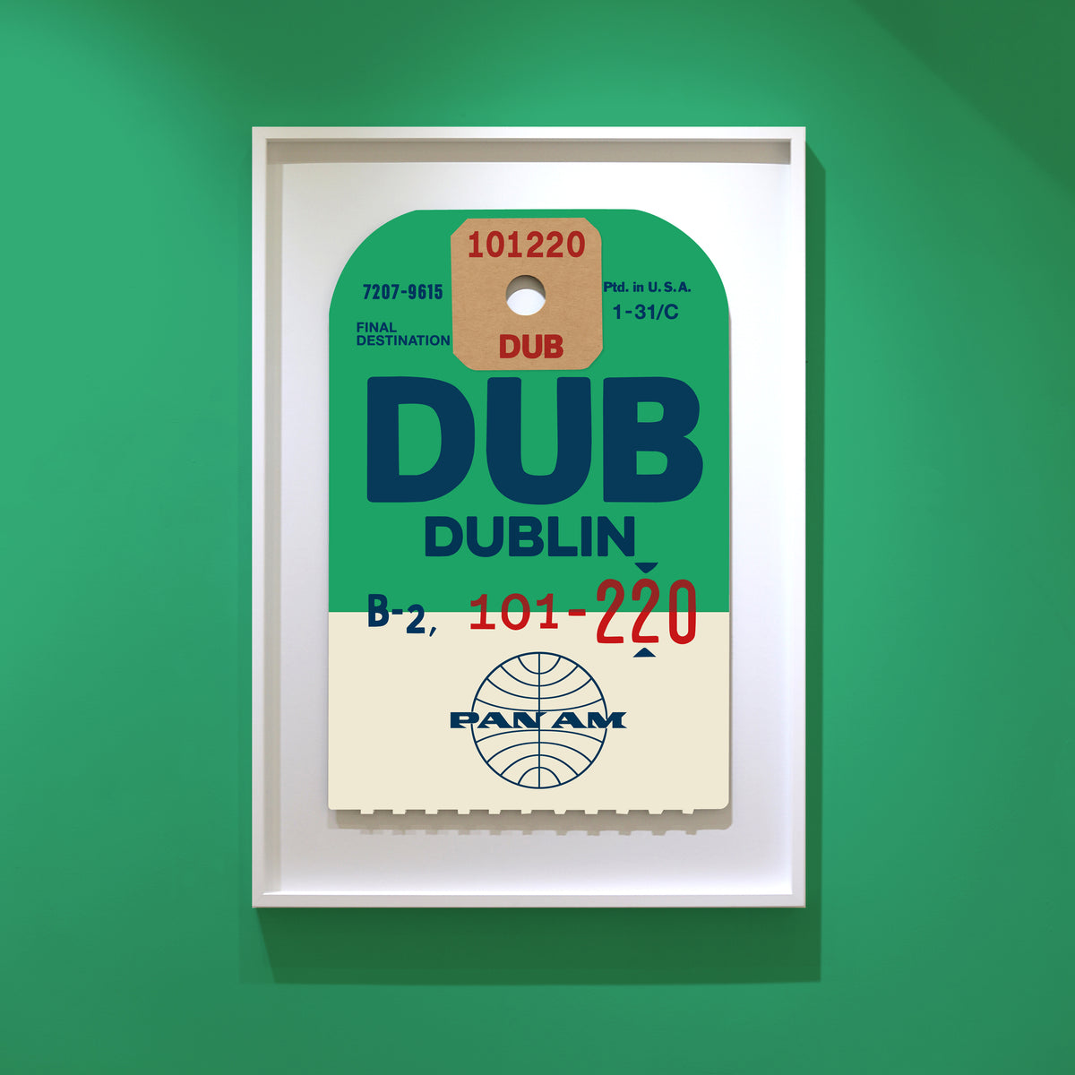 Limited-edition archival print of a Pan Am “Dublin” luggage tag by Ella Freire, inspired by the original 1960s design, supersized in two framed sizes, float-mounted to enhance its three-dimensional effect; officially licensed by Pan Am with signed certificate included.