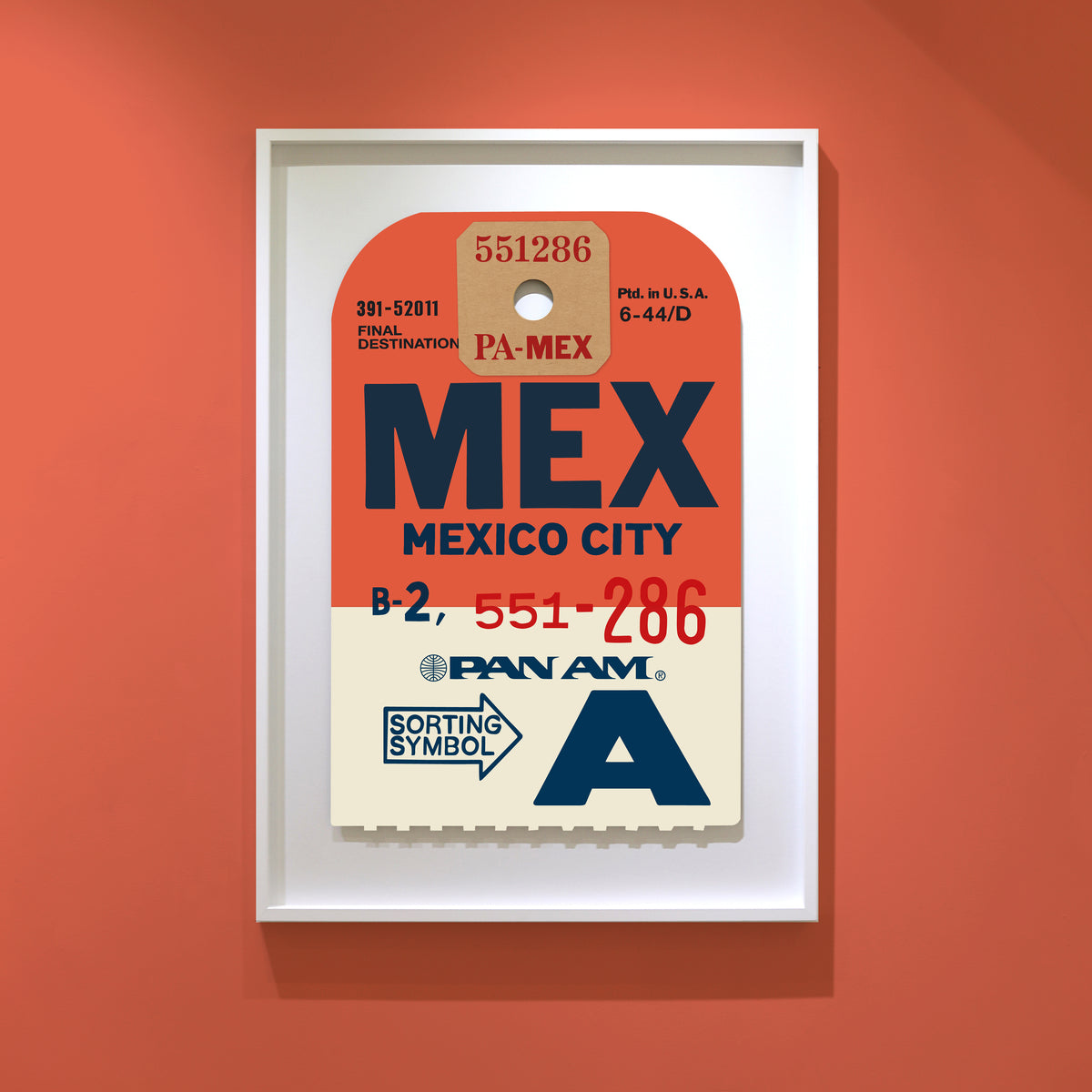 Limited-edition archival print of a Pan Am “Mexico City” luggage tag by Ella Freire, inspired by the original 1960s design, supersized in two framed sizes, float-mounted to enhance its three-dimensional effect; officially licensed by Pan Am with signed certificate included.