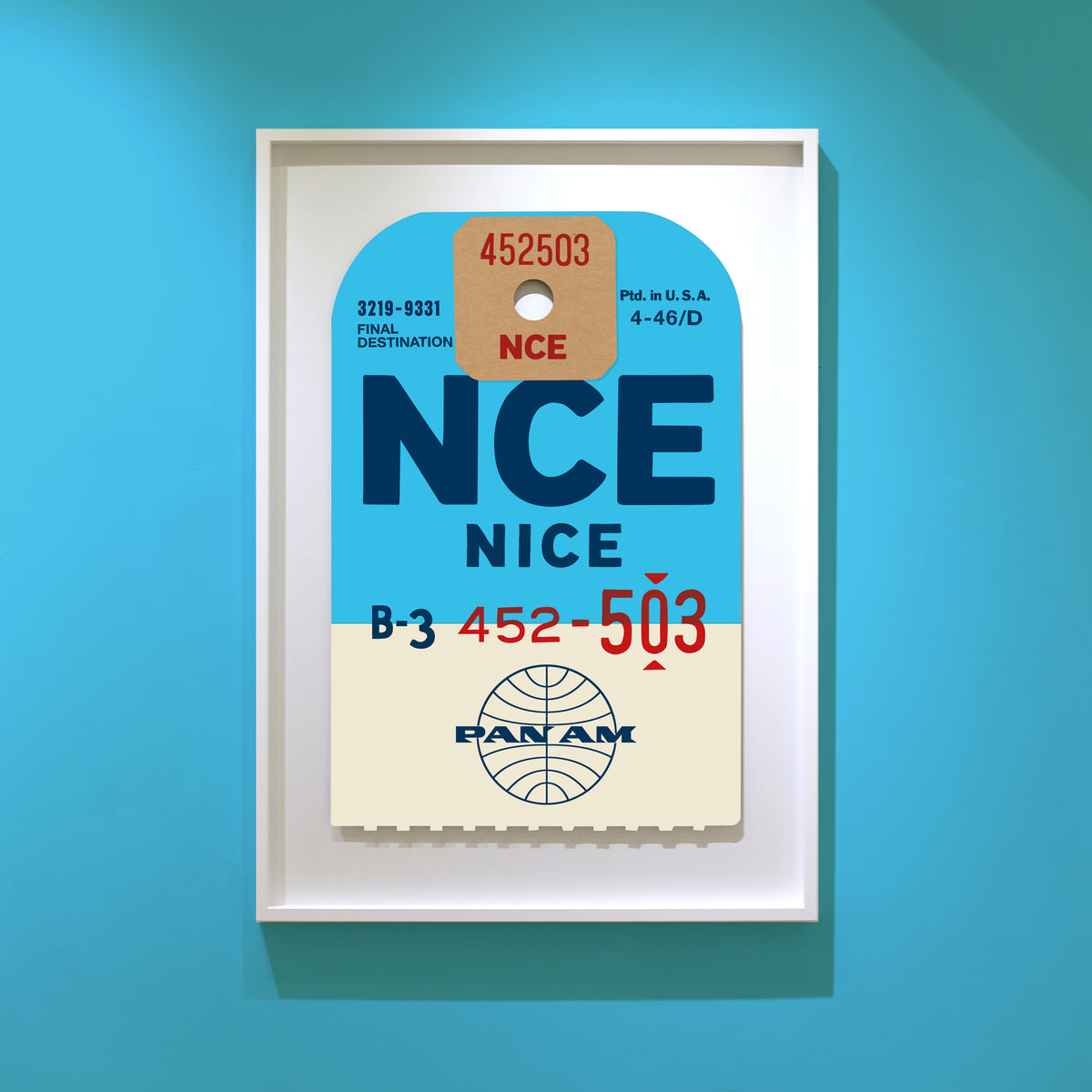 Limited-edition archival print of a Pan Am “Nice” luggage tag by Ella Freire, inspired by the original 1960s design, supersized in two framed sizes, float-mounted to enhance its three-dimensional effect; officially licensed by Pan Am with signed certificate included.