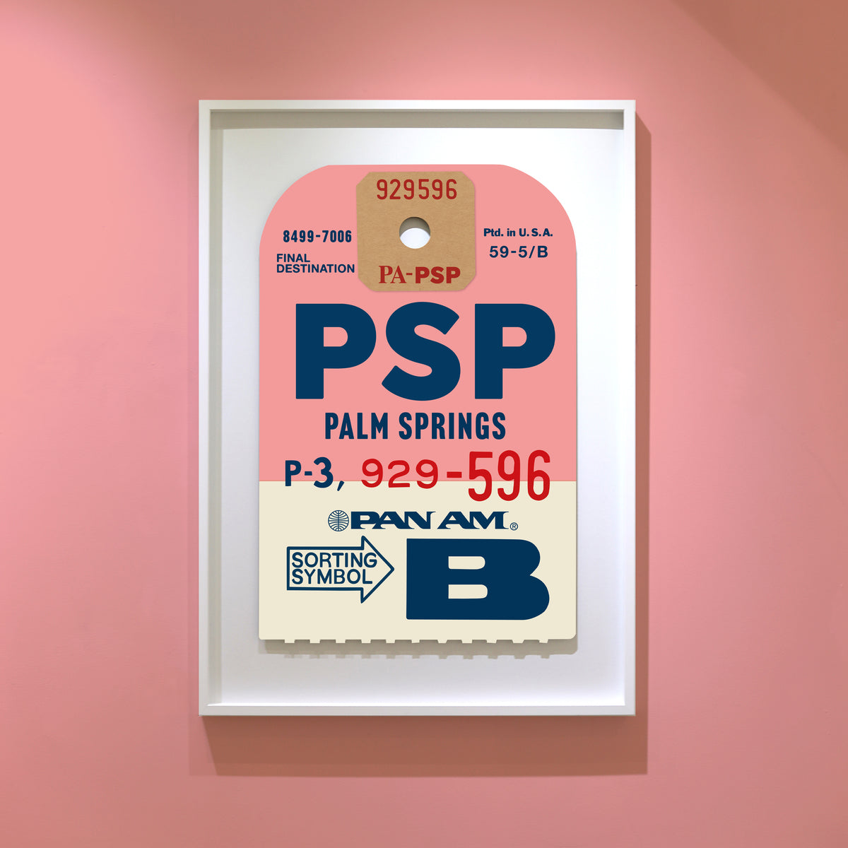 Limited-edition archival print of a Pan Am “Pal Springs” luggage tag by Ella Freire, inspired by the original 1960s design, supersized in two framed sizes, float-mounted to enhance its three-dimensional effect; officially licensed by Pan Am with signed certificate included.