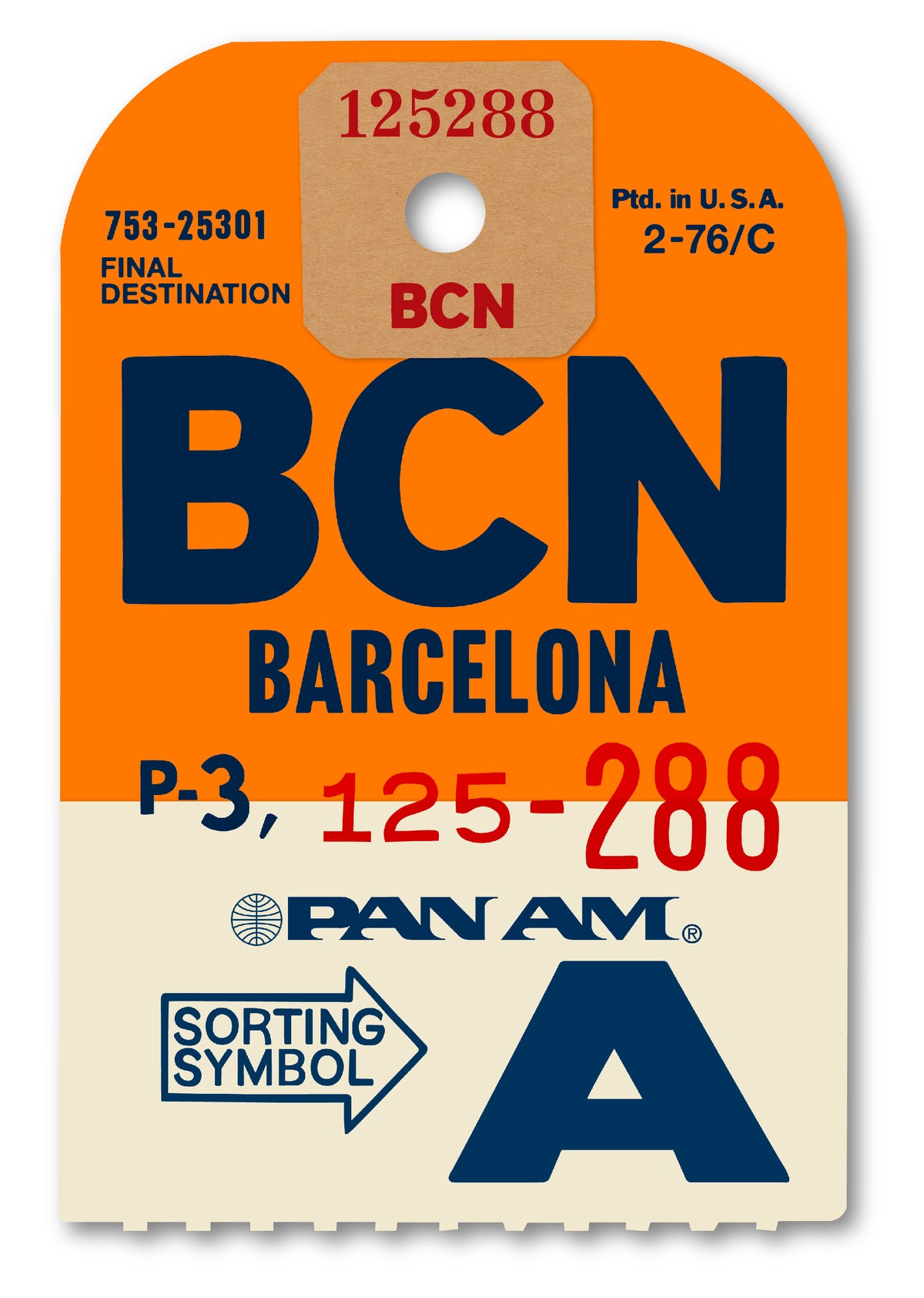 Limited-edition archival print of a Pan Am “Barcelona” luggage tag by Ella Freire, inspired by the original 1960s design, supersized in two framed sizes, float-mounted to enhance its three-dimensional effect; officially licensed by Pan Am with signed certificate included.
