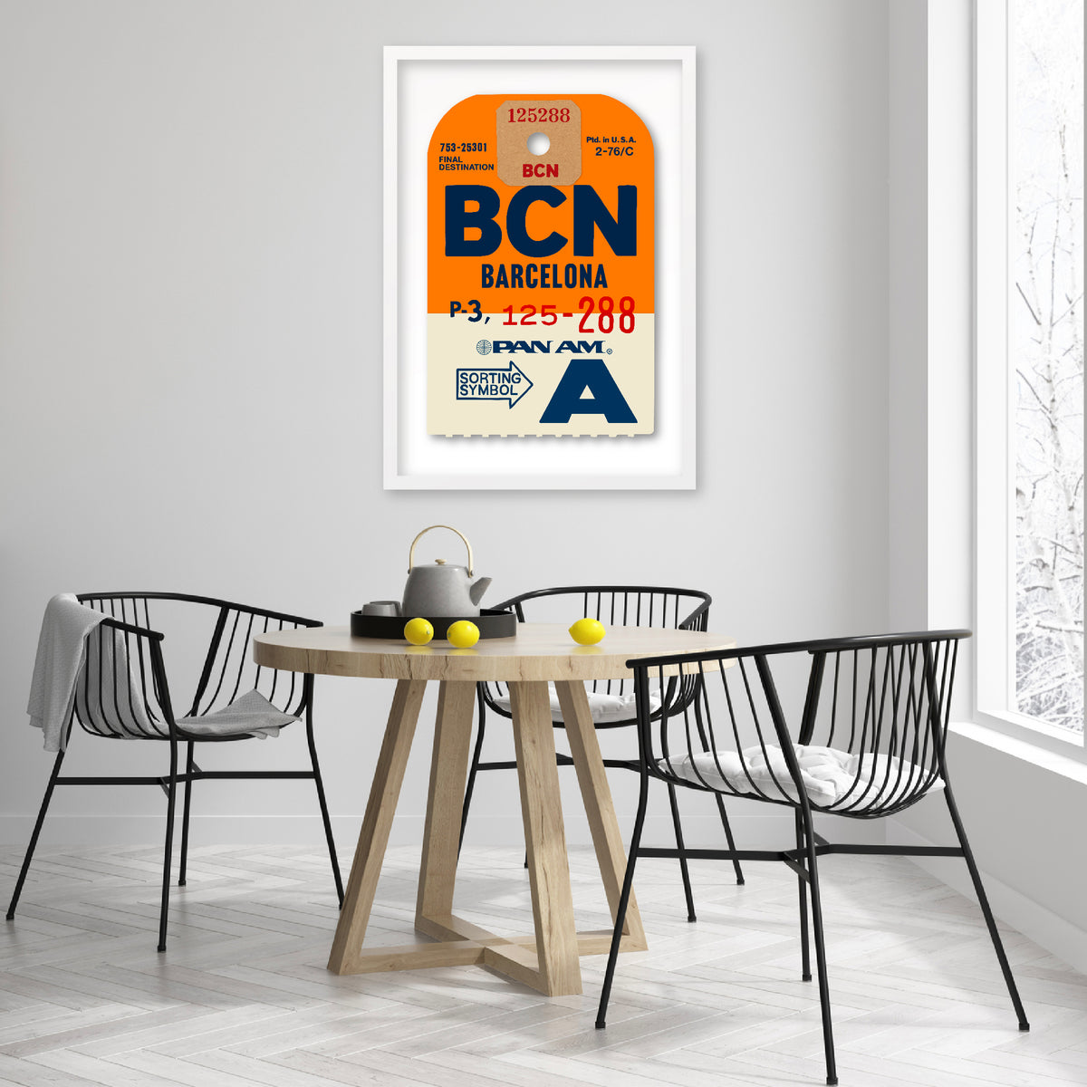 Limited-edition archival print of a Pan Am “Barcelona” luggage tag by Ella Freire, inspired by the original 1960s design, supersized in two framed sizes, float-mounted to enhance its three-dimensional effect; officially licensed by Pan Am with signed certificate included.