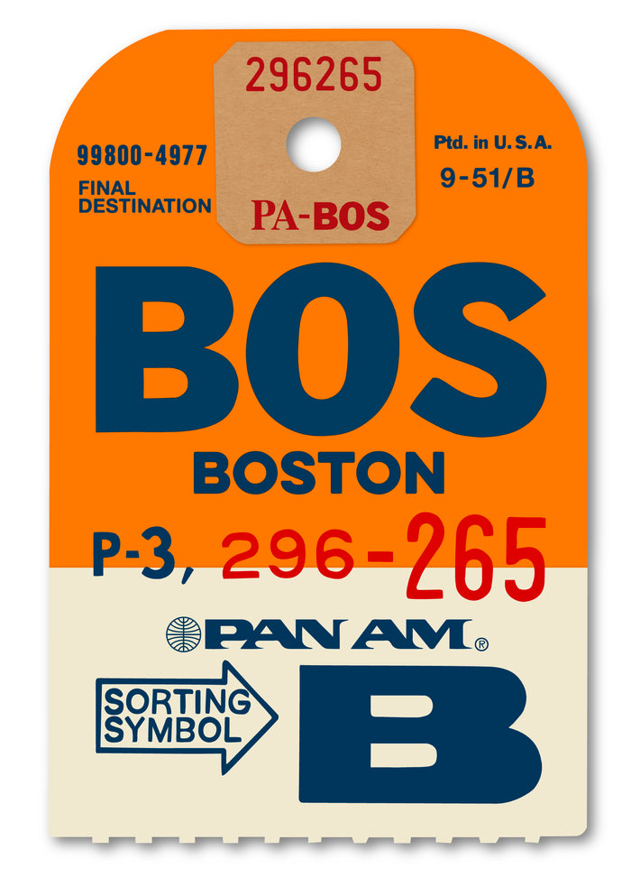 Limited-edition archival print of a Pan Am “Boston” luggage tag by Ella Freire, inspired by the original 1960s design, supersized in two framed sizes, float-mounted to enhance its three-dimensional effect; officially licensed by Pan Am with signed certificate included.
