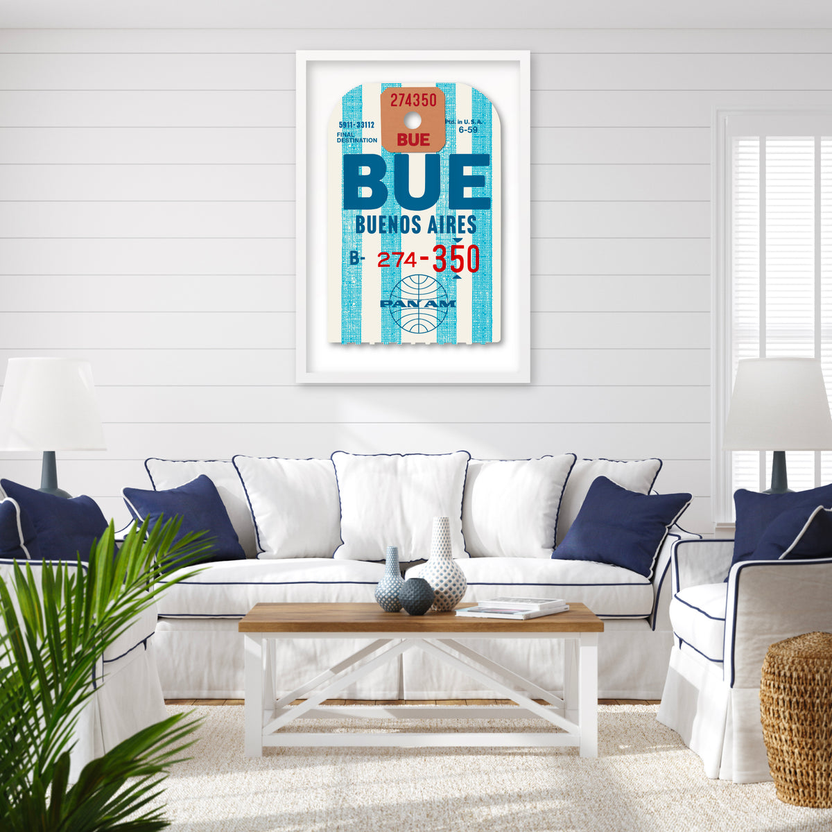 Limited-edition archival print of a Pan Am “Buenos Aires” luggage tag by Ella Freire, inspired by the original 1960s design, supersized in two framed sizes, float-mounted to enhance its three-dimensional effect; officially licensed by Pan Am with signed certificate included.