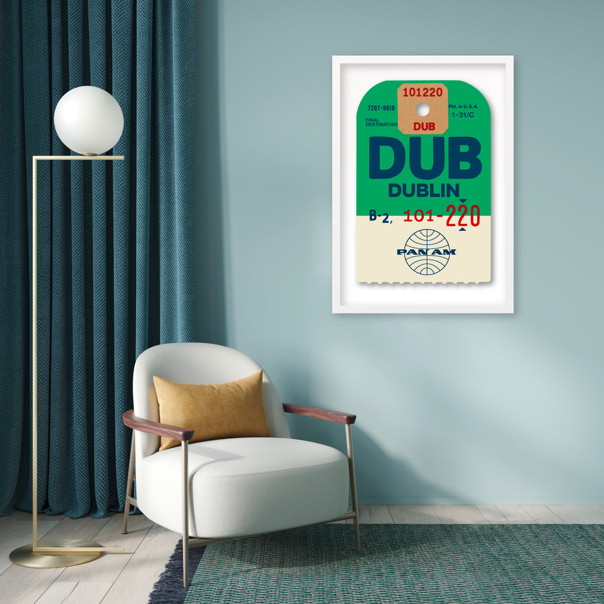 Limited-edition archival print of a Pan Am “Dublin” luggage tag by Ella Freire, inspired by the original 1960s design, supersized in two framed sizes, float-mounted to enhance its three-dimensional effect; officially licensed by Pan Am with signed certificate included.