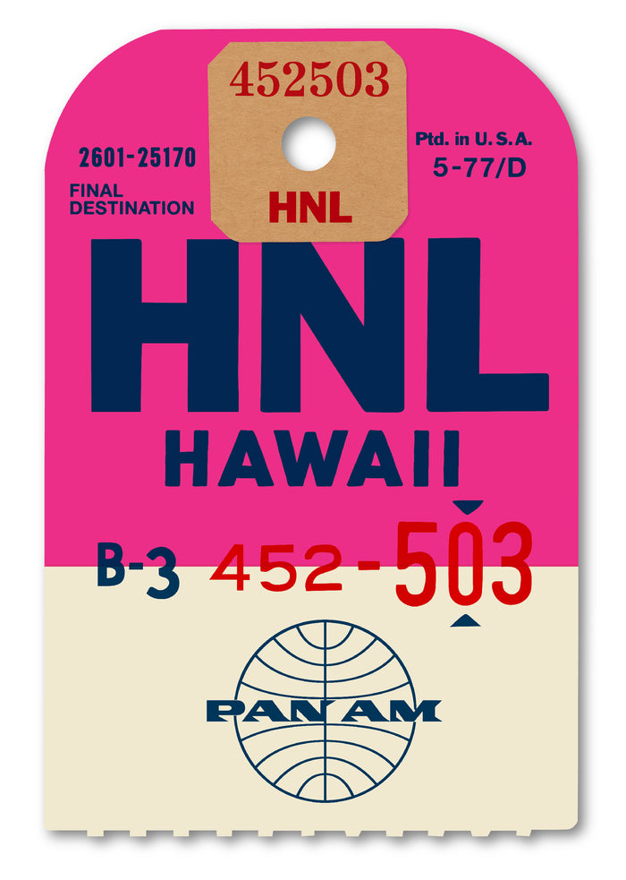 Limited-edition archival print of a Pan Am “Hawaii” luggage tag by Ella Freire, inspired by the original 1960s design, supersized in two framed sizes, float-mounted to enhance its three-dimensional effect; officially licensed by Pan Am with signed certificate included.
