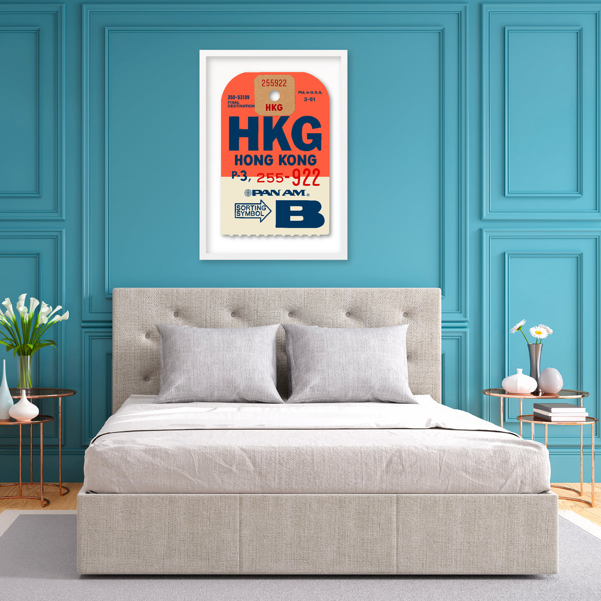Limited-edition archival print of a Pan Am “Hong Kong” luggage tag by Ella Freire, inspired by the original 1960s design, supersized in two framed sizes, float-mounted to enhance its three-dimensional effect; officially licensed by Pan Am with signed certificate included.