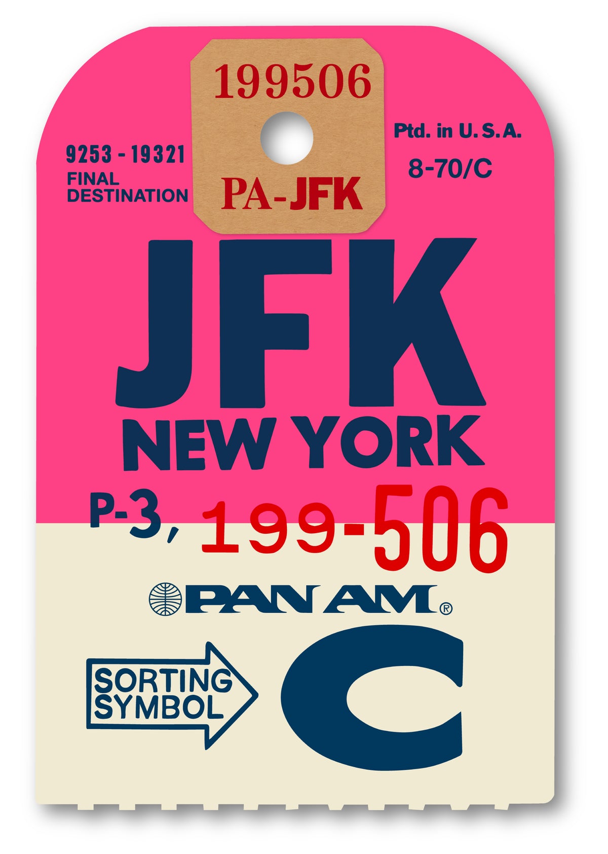 Limited-edition archival print of a Pan Am “JFK New York” luggage tag by Ella Freire, inspired by the original 1960s design, supersized in two framed sizes, float-mounted to enhance its three-dimensional effect; officially licensed by Pan Am with signed certificate included.