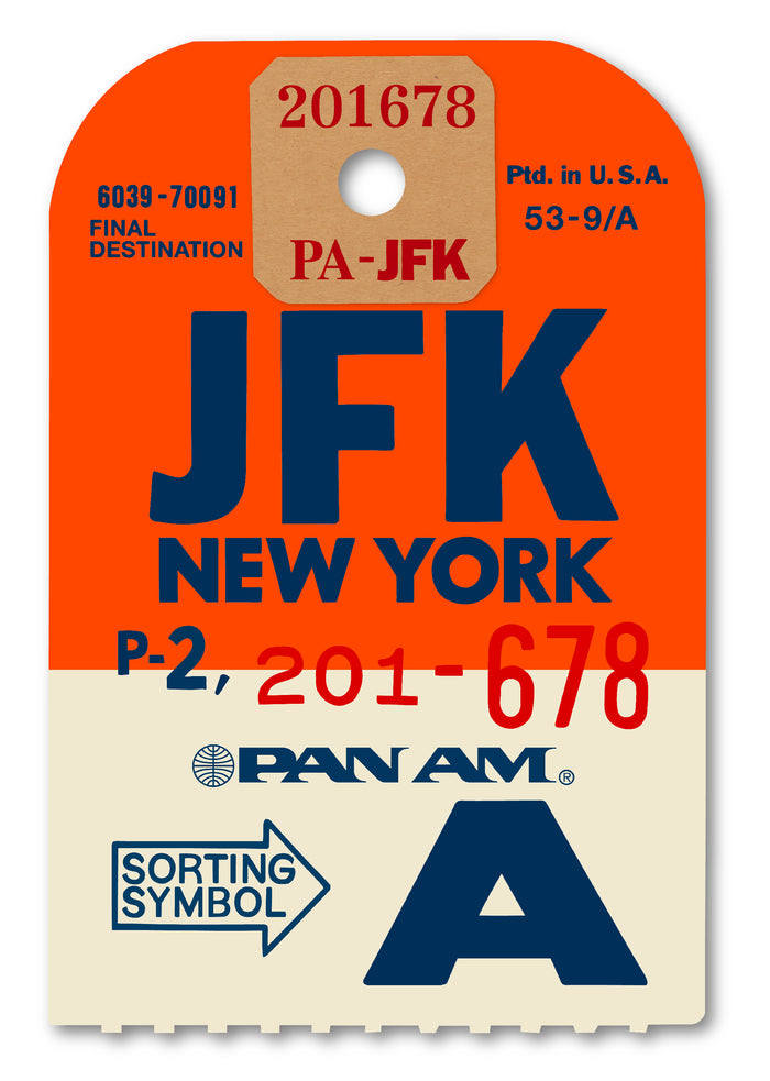 Limited-edition archival print of a Pan Am “JFK New York” luggage tag by Ella Freire, inspired by the original 1960s design, supersized in two framed sizes, float-mounted to enhance its three-dimensional effect; officially licensed by Pan Am with signed certificate included.
