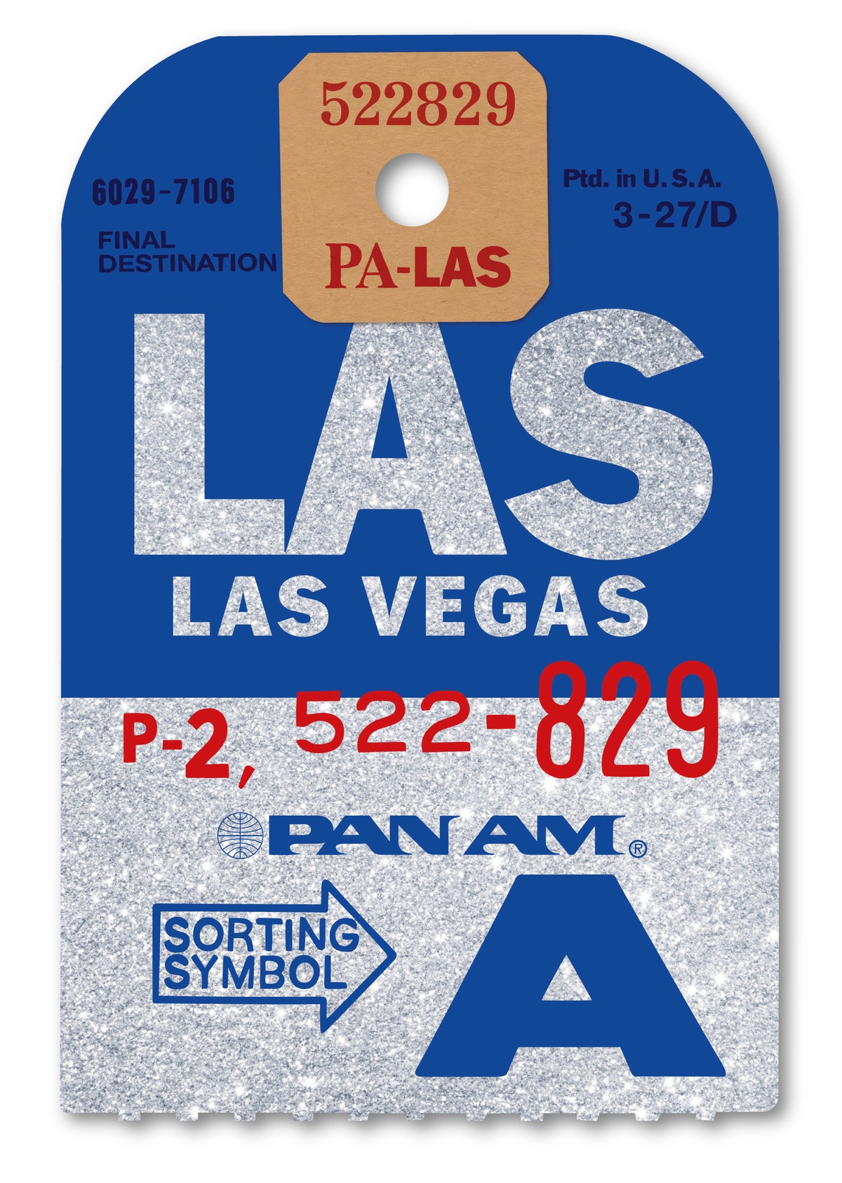 Limited-edition archival print onto sliver glitter paper of a Pan Am “Las Vegas” luggage tag by Ella Freire, inspired by the original 1960s design, supersized to a large size, float-mounted to enhance its three-dimensional effect; officially licensed by Pan Am with signed certificate included.