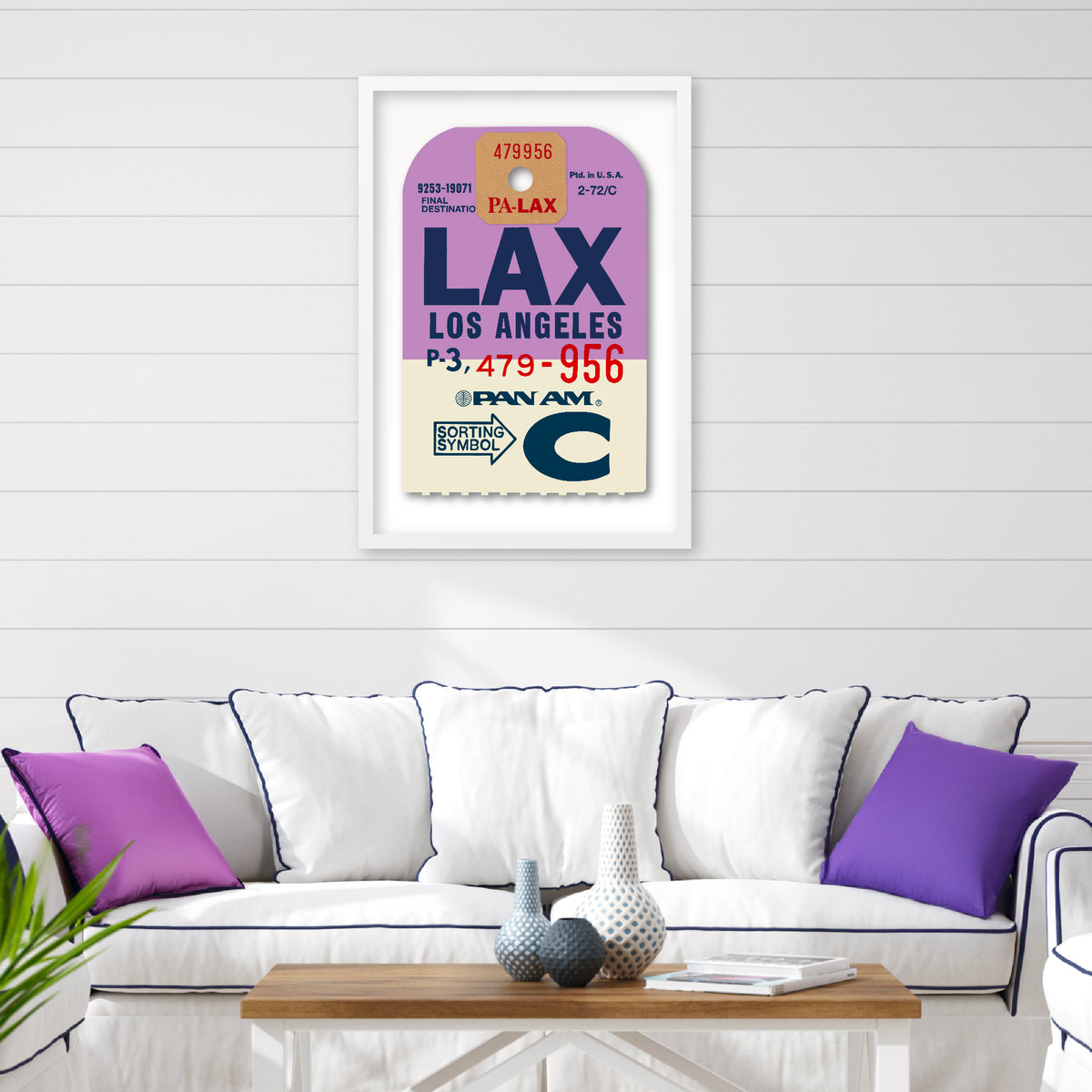 Limited-edition archival print of a Pan Am “Los Angeles” luggage tag by Ella Freire, inspired by the original 1960s design, supersized in two framed sizes, float-mounted to enhance its three-dimensional effect; officially licensed by Pan Am with signed certificate included.