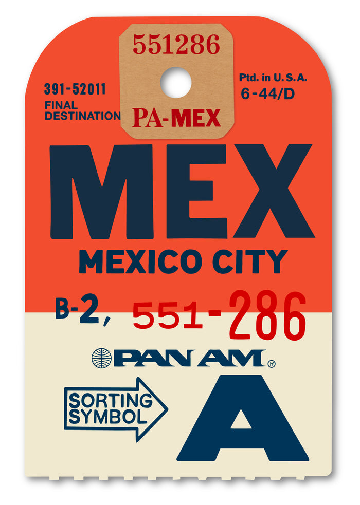 Limited-edition archival print of a Pan Am “Mexico City” luggage tag by Ella Freire, inspired by the original 1960s design, supersized in two framed sizes, float-mounted to enhance its three-dimensional effect; officially licensed by Pan Am with signed certificate included.