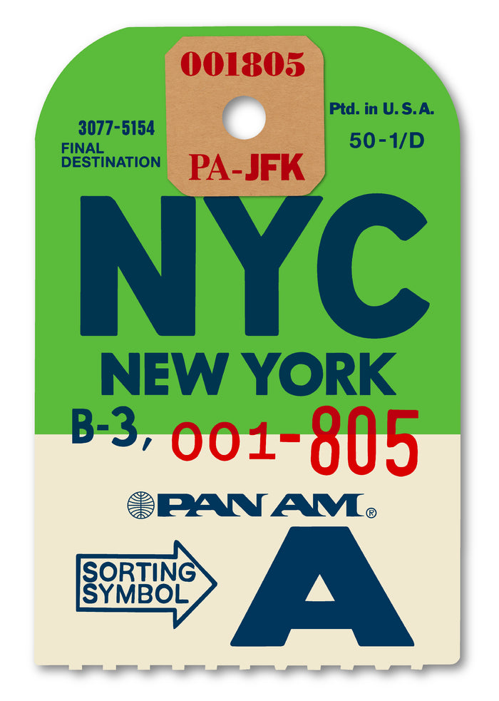 Limited-edition archival print of a Pan Am “NYC New York” luggage tag by Ella Freire, inspired by the original 1960s design, supersized in two framed sizes, float-mounted to enhance its three-dimensional effect; officially licensed by Pan Am with signed certificate included.