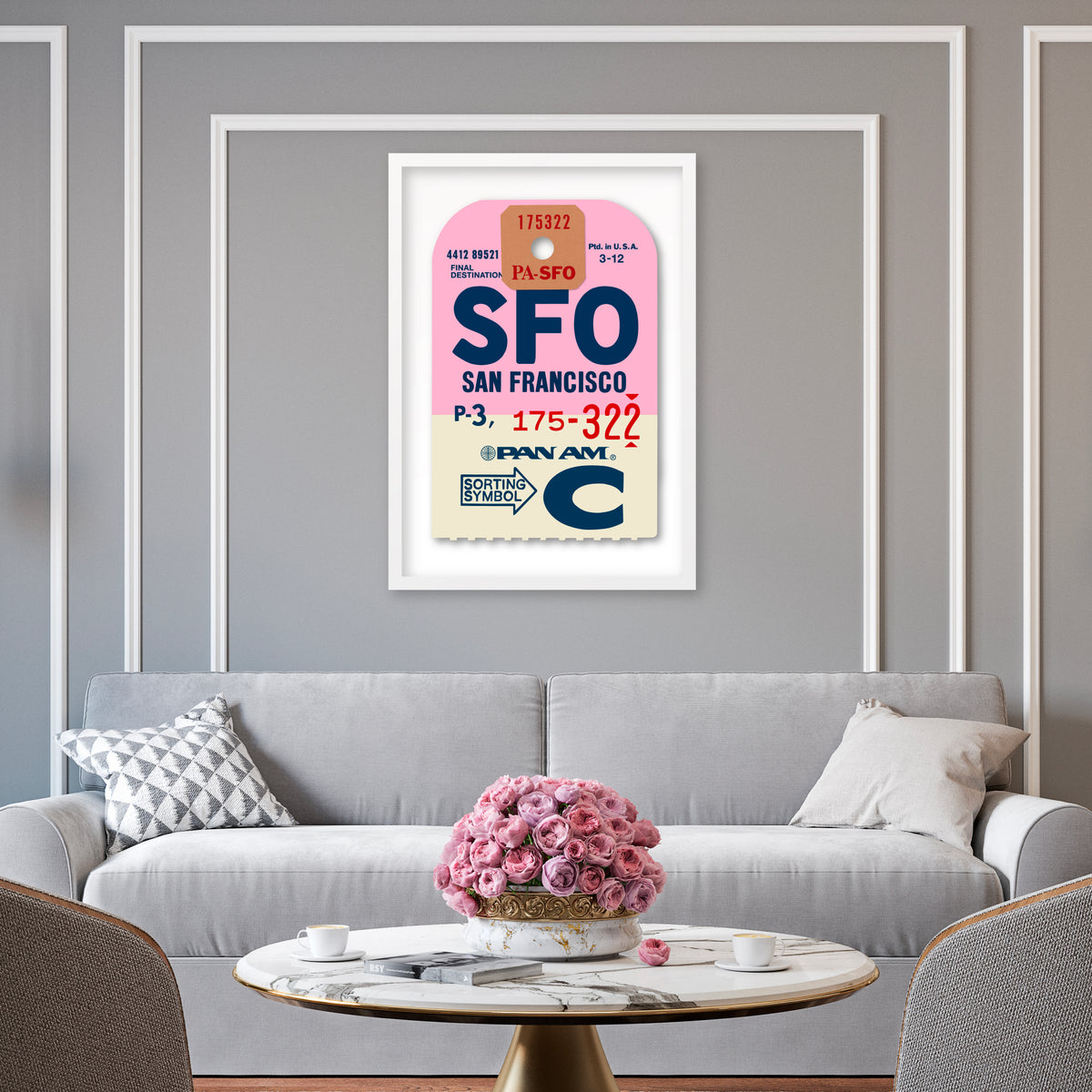 Limited-edition archival print of a Pan Am “San Francisco” luggage tag by Ella Freire, inspired by the original 1960s design, supersized in two framed sizes, float-mounted to enhance its three-dimensional effect; officially licensed by Pan Am with signed certificate included.