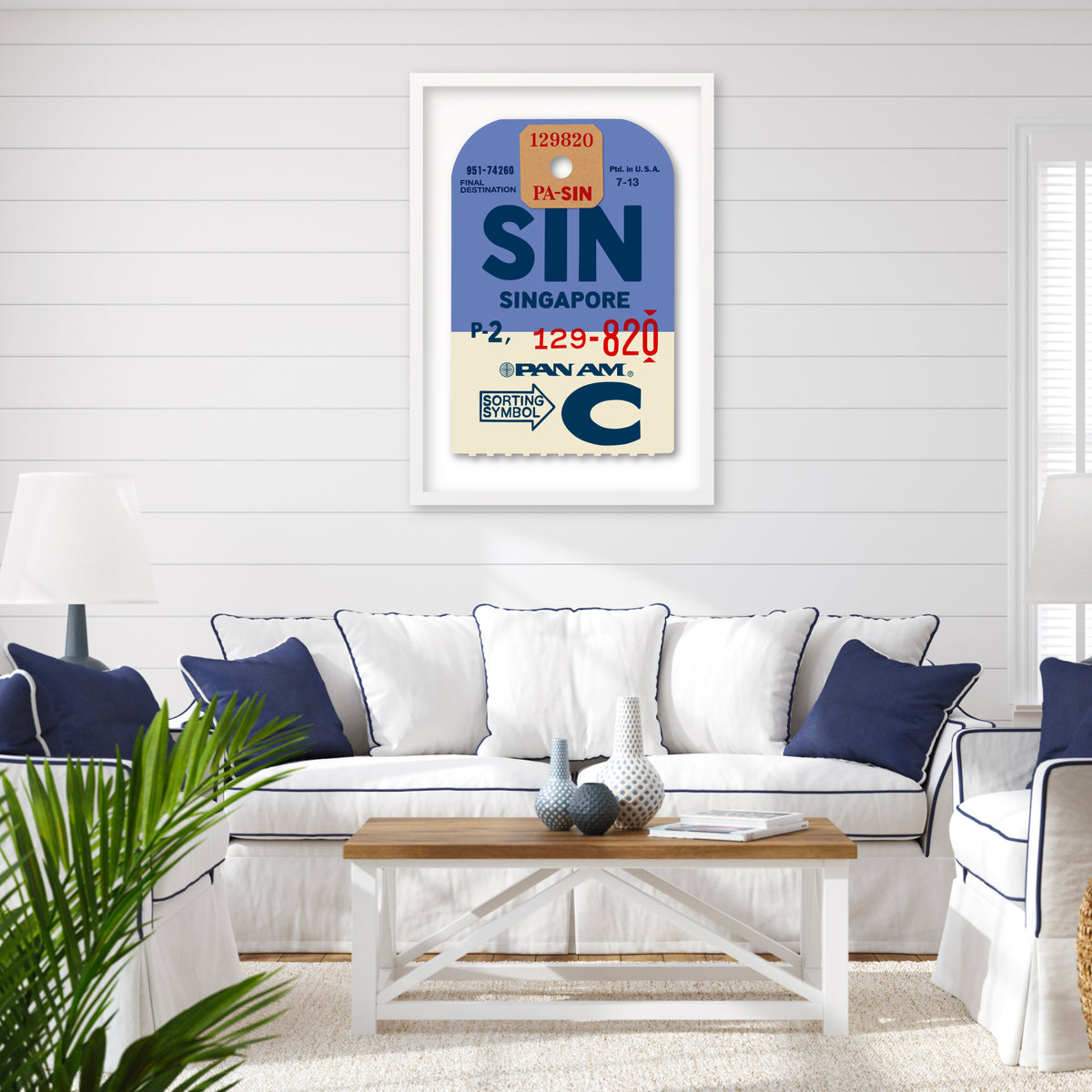 Limited-edition archival print of a Pan Am “Singapore” luggage tag by Ella Freire, inspired by the original 1960s design, supersized in two framed sizes, float-mounted to enhance its three-dimensional effect; officially licensed by Pan Am with signed certificate included.