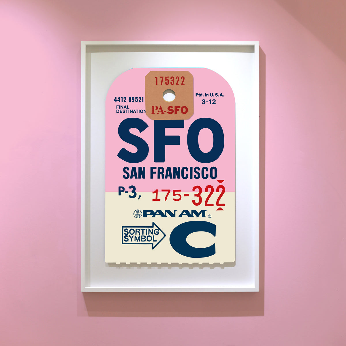 Limited-edition archival print of a Pan Am “San Francisco” luggage tag by Ella Freire, inspired by the original 1960s design, supersized in two framed sizes, float-mounted to enhance its three-dimensional effect; officially licensed by Pan Am with signed certificate included.