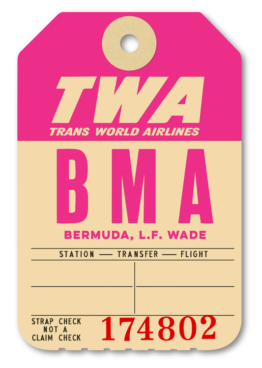 Limited-edition archival print of a TWA “Bermuda” luggage tag by Ella Freire, inspired by the original 1960s design, supersized in two framed sizes, float-mounted to enhance its three-dimensional effect; officially licensed by TWA (American Airlines) with signed certificate included.