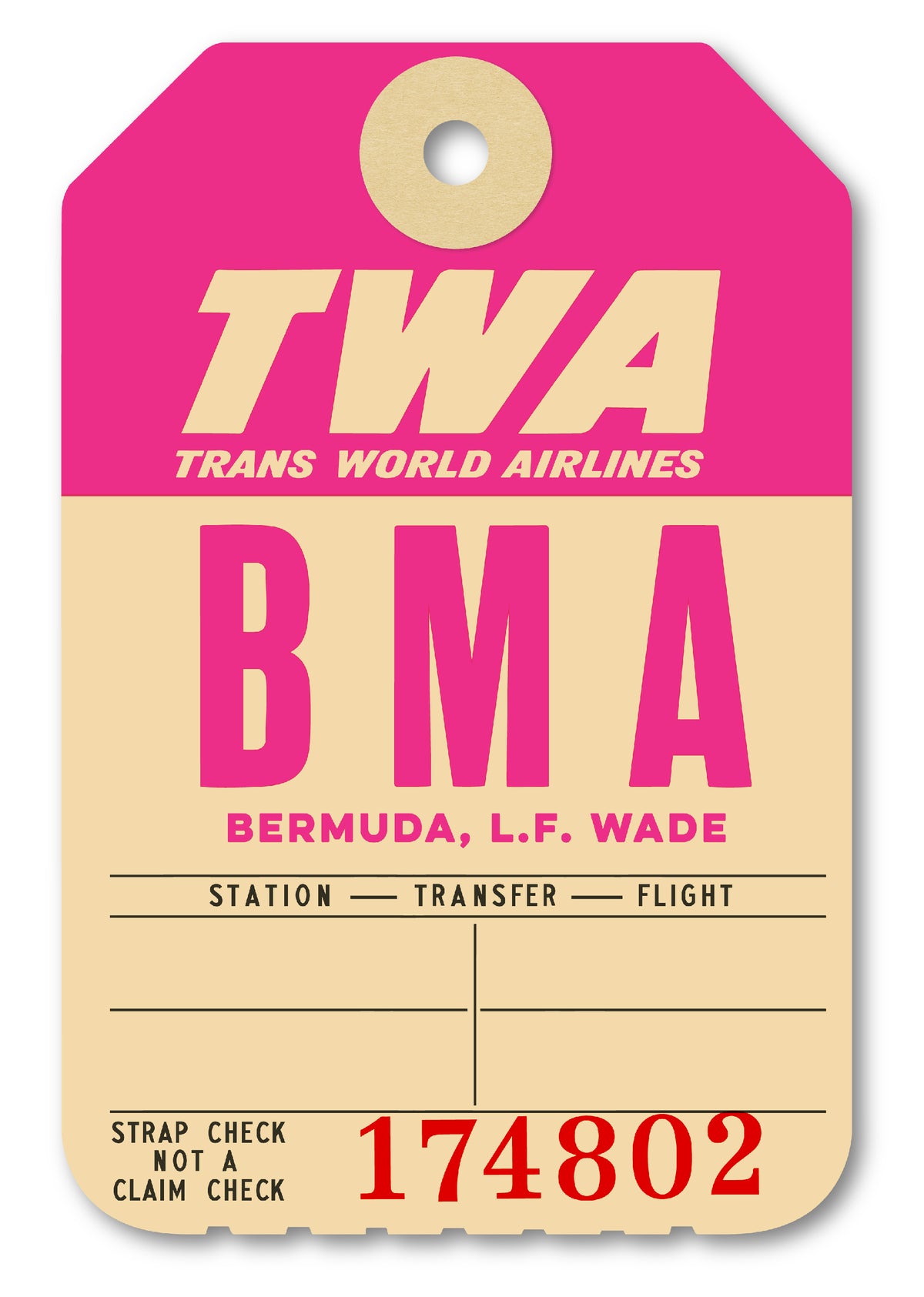 Limited-edition archival print of a TWA “Bermuda” luggage tag by Ella Freire, inspired by the original 1960s design, supersized in two framed sizes, float-mounted to enhance its three-dimensional effect; officially licensed by TWA (American Airlines) with signed certificate included.