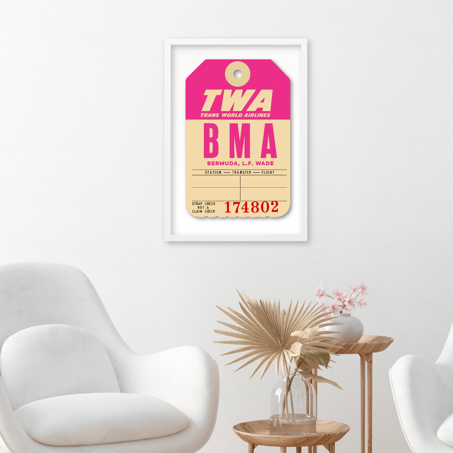 Limited-edition archival print of a TWA “Bermuda” luggage tag by Ella Freire, inspired by the original 1960s design, supersized in two framed sizes, float-mounted to enhance its three-dimensional effect; officially licensed by TWA (American Airlines) with signed certificate included.