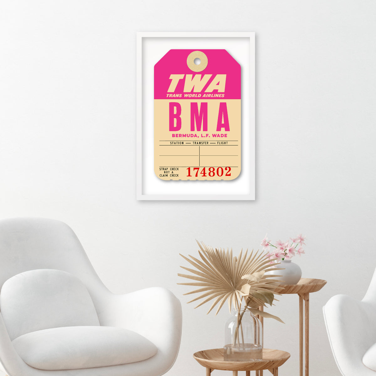 Limited-edition archival print of a TWA “Bermuda” luggage tag by Ella Freire, inspired by the original 1960s design, supersized in two framed sizes, float-mounted to enhance its three-dimensional effect; officially licensed by TWA (American Airlines) with signed certificate included.