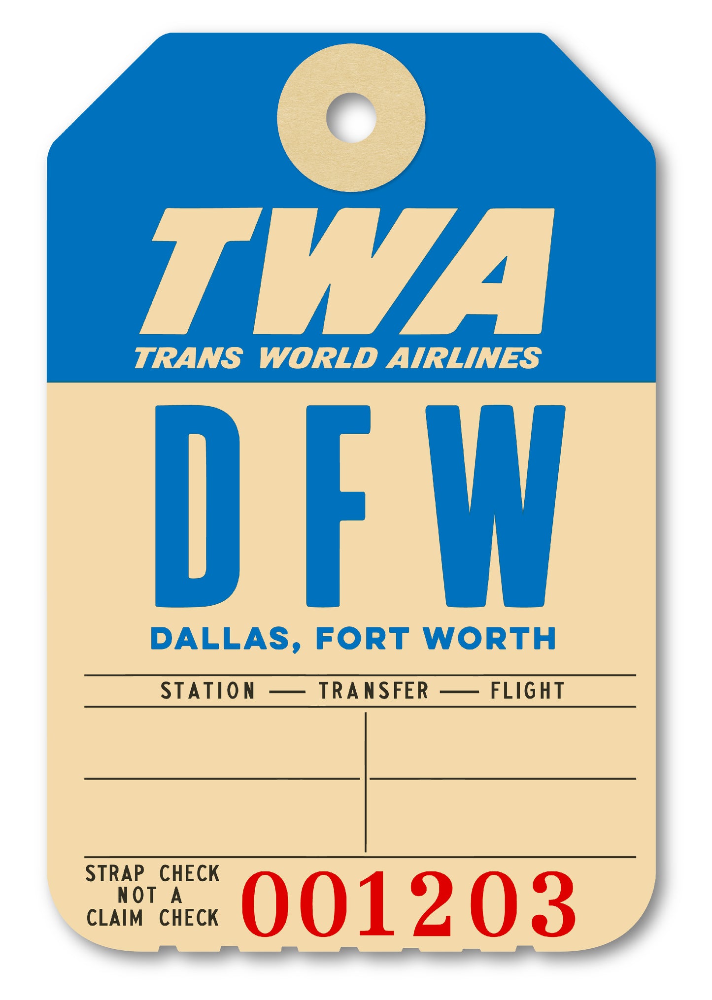 Limited-edition archival print of a TWA “Dallas” luggage tag by Ella Freire, inspired by the original 1960s design, supersized in two framed sizes, float-mounted to enhance its three-dimensional effect; officially licensed by TWA (American Airlines) with signed certificate included.