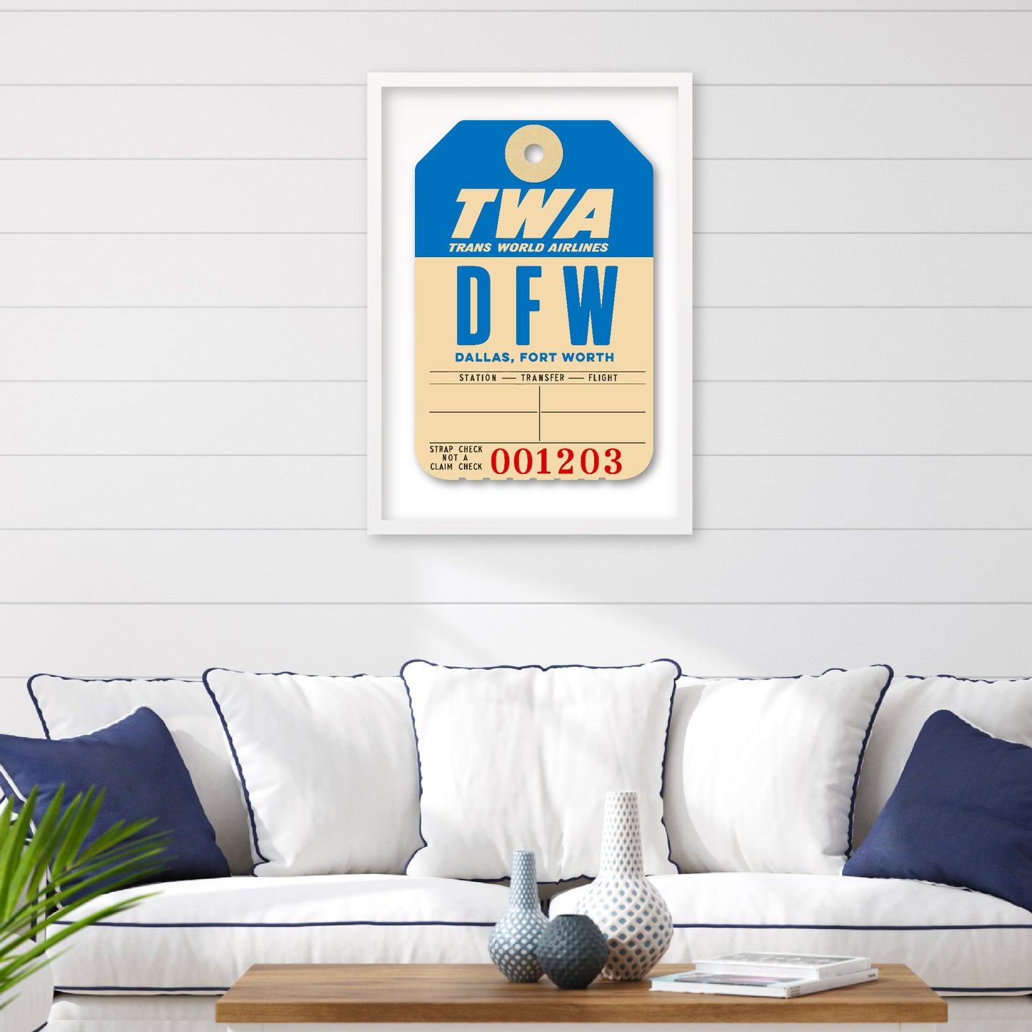 Limited-edition archival print of a TWA “Dallas” luggage tag by Ella Freire, inspired by the original 1960s design, supersized in two framed sizes, float-mounted to enhance its three-dimensional effect; officially licensed by TWA (American Airlines) with signed certificate included.