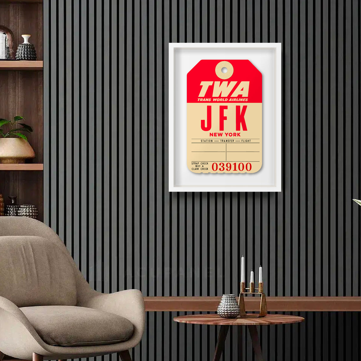 Limited-edition archival print of a TWA “JFK New York” luggage tag by Ella Freire, inspired by the original 1960s design, supersized in two framed sizes, float-mounted to enhance its three-dimensional effect; officially licensed by TWA (American Airlines) with signed certificate included.