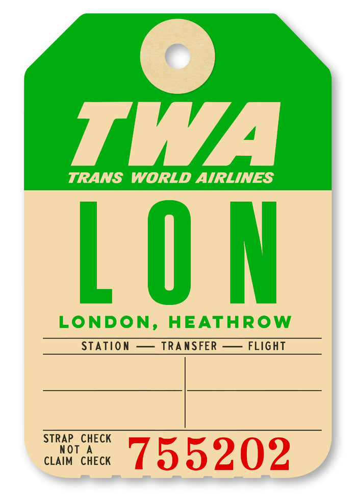 Limited-edition archival print of a TWA “London” luggage tag by Ella Freire, inspired by the original 1960s design, supersized in two framed sizes, float-mounted to enhance its three-dimensional effect; officially licensed by TWA (American Airlines) with signed certificate included.