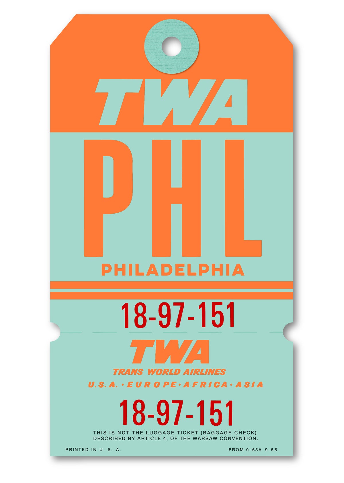 Limited-edition archival print of a TWA “Philadelphia” luggage tag by Ella Freire, inspired by the original 1960s design, supersized in one framed size only, float-mounted to enhance its three-dimensional effect; officially licensed by TWA (American Airlines) with signed certificate included.