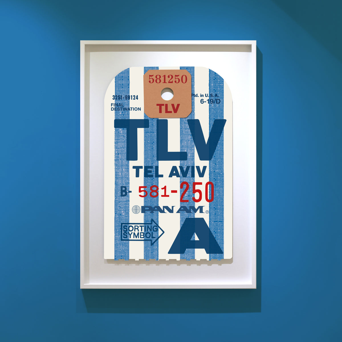 Limited-edition archival print of a Pan Am “Tel Aviv” luggage tag by Ella Freire, inspired by the original 1960s design, supersized in two framed sizes, float-mounted to enhance its three-dimensional effect; officially licensed by Pan Am with signed certificate included.