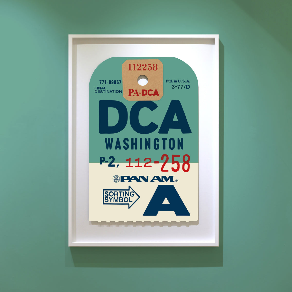 Limited-edition archival print of a Pan Am “Washington” luggage tag by Ella Freire, inspired by the original 1960s design, supersized in two framed sizes, float-mounted to enhance its three-dimensional effect; officially licensed by Pan Am with signed certificate included.